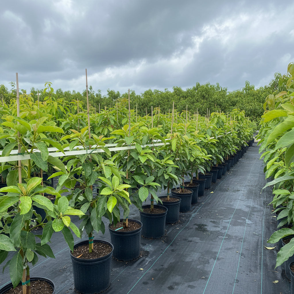 Rows of young, potted Sugar Apple Fruit Trees