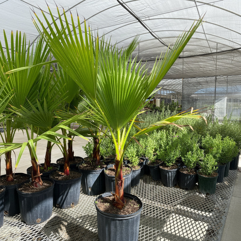 A mature Washington Palm (Mexican Fan Palm) showcasing its tall trunk and a crown of large