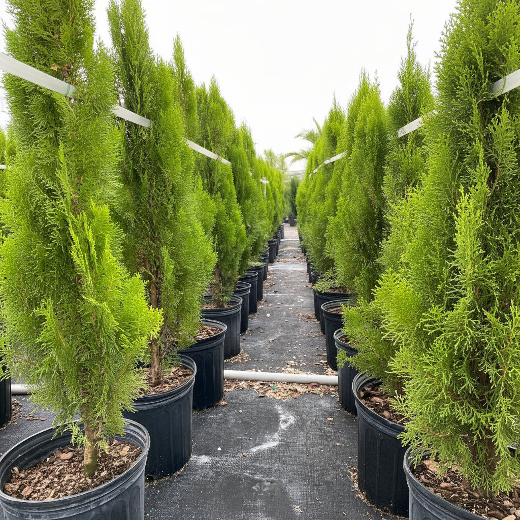 Rows of potted Yellow Ribbon Arborvitae