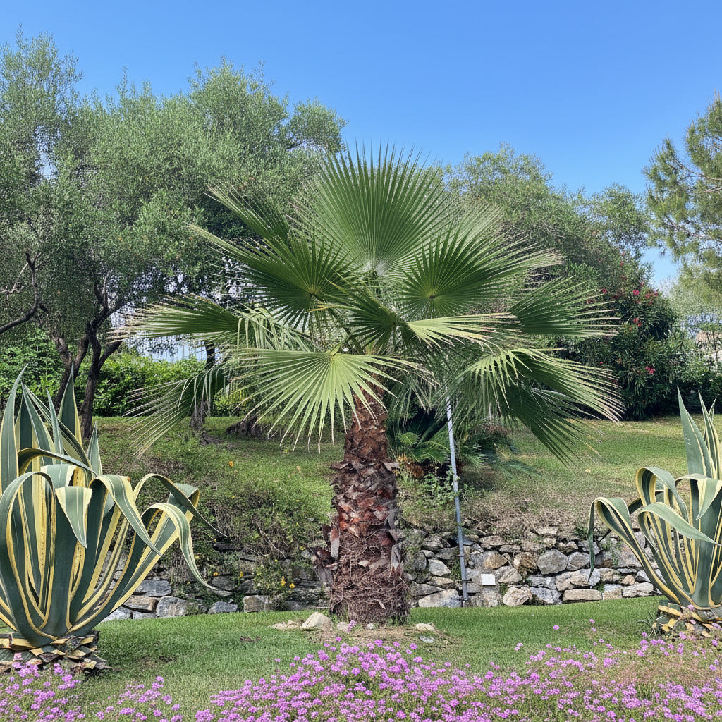 A mature Washington Palm (Mexican Fan Palm) showcasing its tall trunk and a crown of large, fan-shaped green fronds