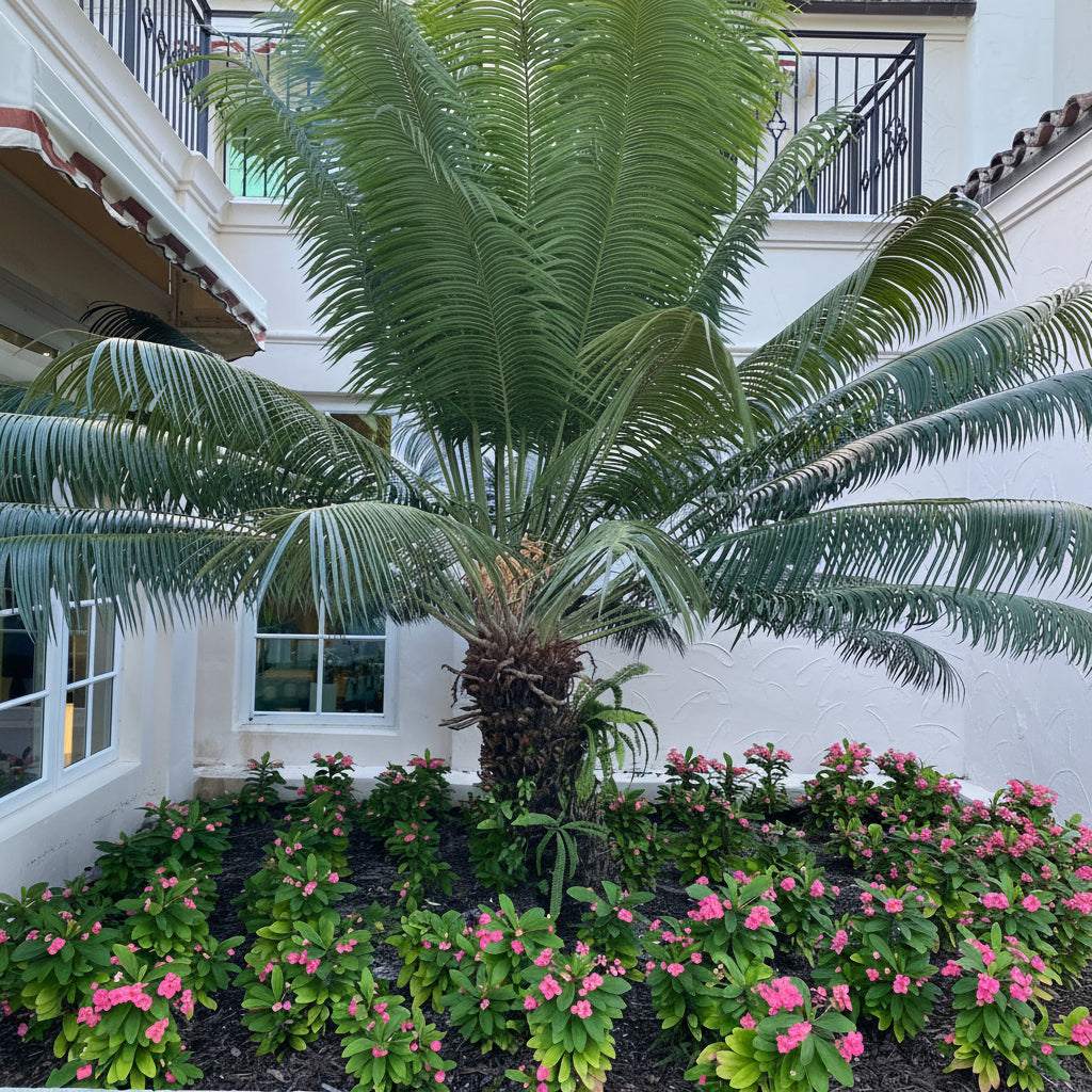 Mature Dioon Spinulosum, Mexican Cycad, Gum Exotic Palm with large feathery arching green fronds, showing full grown landscape appearance ideal for formal landscape vertical accents and tropical gardens.