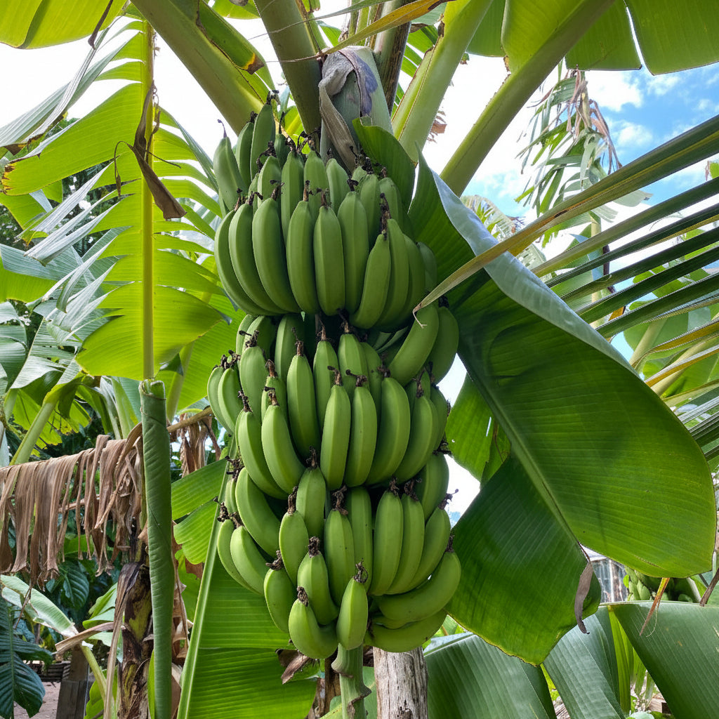 A close-up view of a large bunch of unripe green bananas
