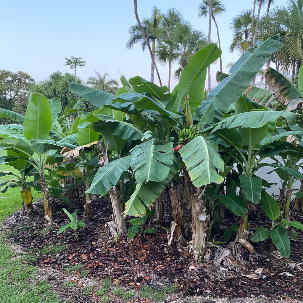 A lush Ice Cream Banana Tree showcasing its large, tropical green leaves and thick trunk growing outdoors in a sunny landscape.
