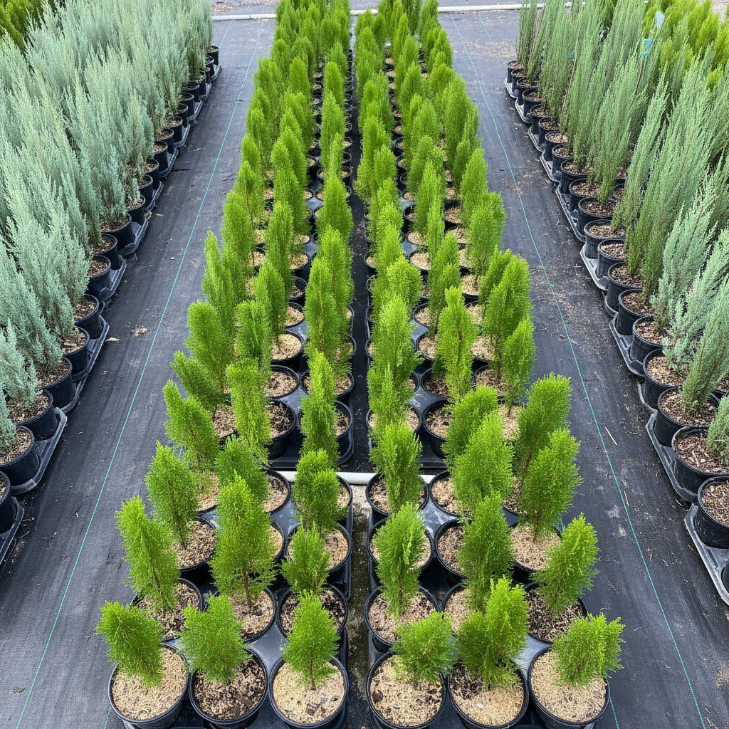 Rows of potted Yellow Ribbon Arborvitae trees.