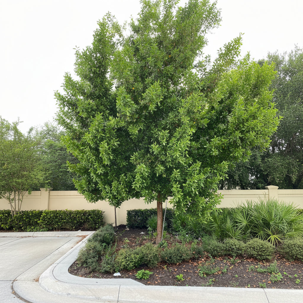 Green Buttonwood, Conocarpus Erectus planted in parking lot.
