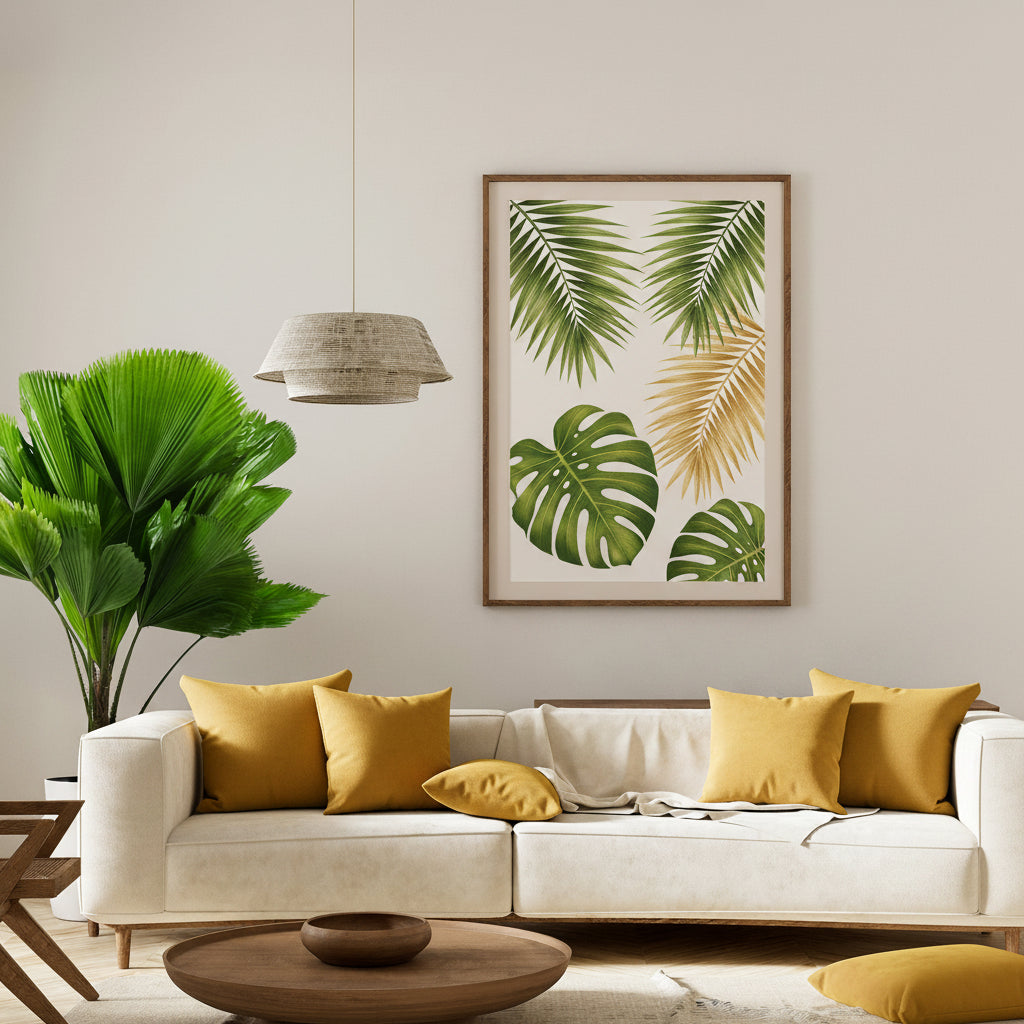 Licuala Fan Palm displayed in a modern living room beside a cream-colored sofa, featuring large pleated circular green leaves and tropical foliage in a decorative planter.