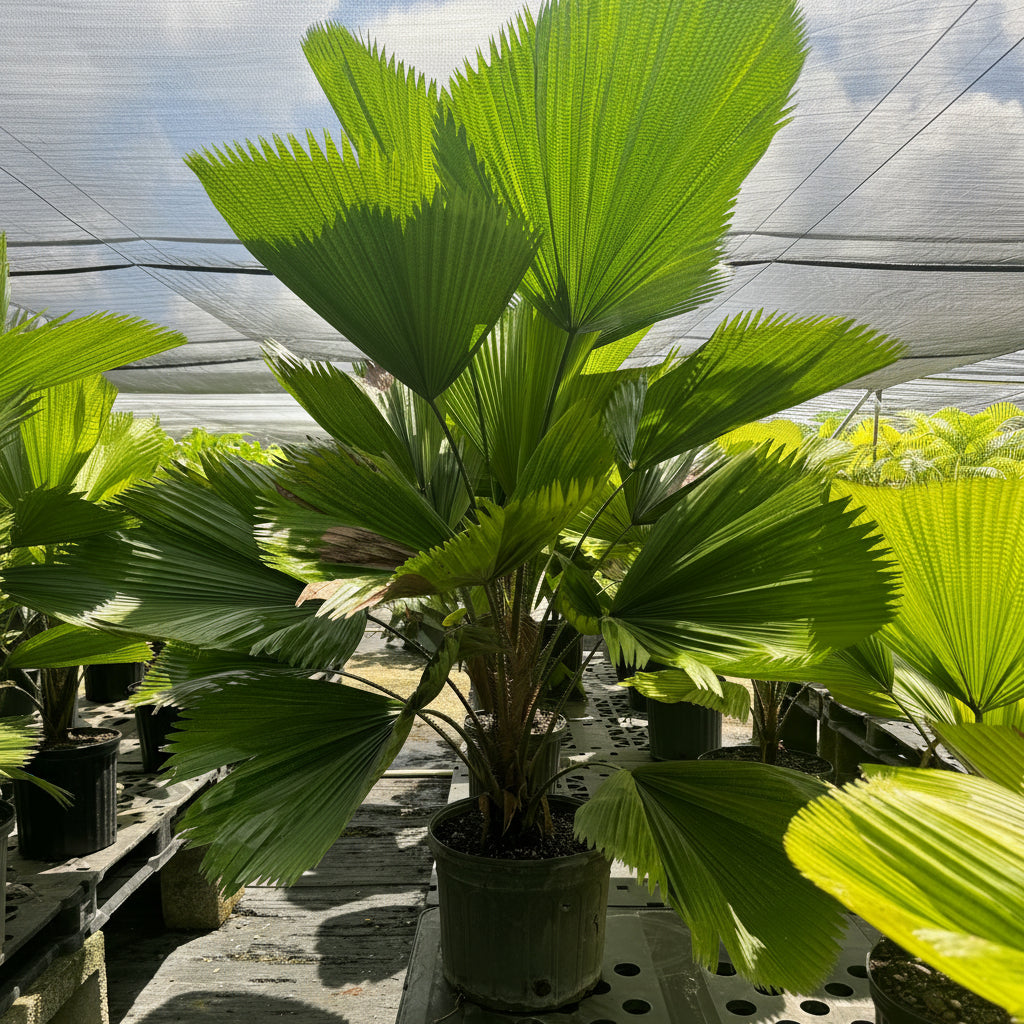 Mature Licuala Fan Palm in a 7 gallon black nursery pot featuring dramatic circular pleated green fronds displayed under greenhouse shade cloth among tropical plants