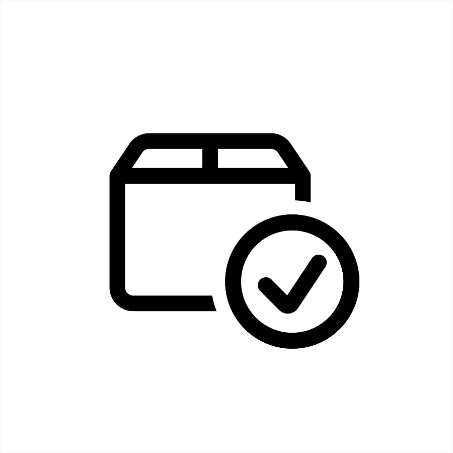A black and white line art icon featuring a stylized shipping box with a circular checkmark badge overlapping the bottom right corner, set against a solid white background.