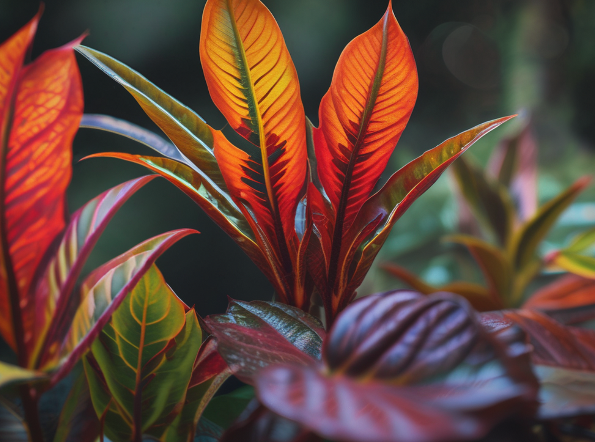 Colorful Croton houseplant close-up showcasing vibrant red and orange variegated foliage for indoor tropical plant styling.