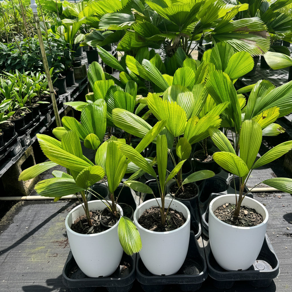 Rows of young Licuala Fan Palm plants featuring broad circular pleated foliage displayed in propagation trays at a tropical plant nursery.