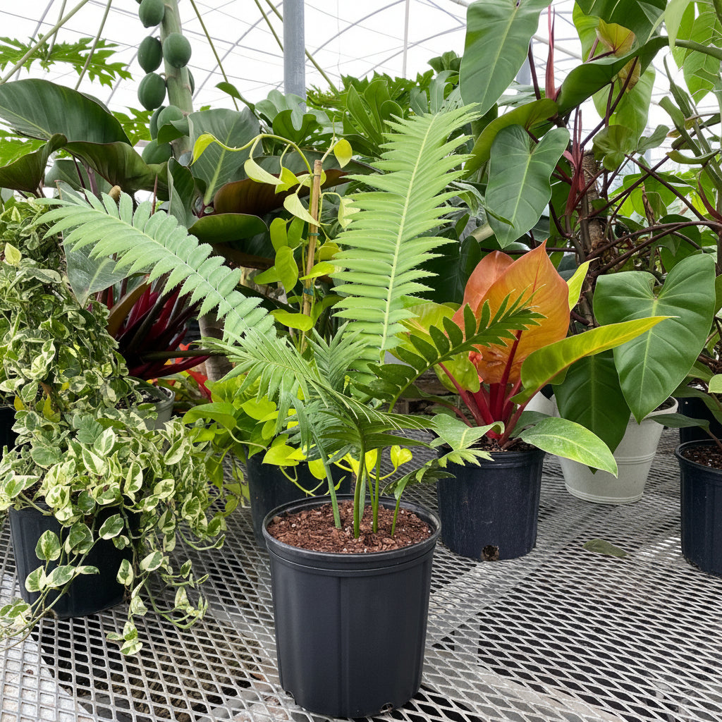 Dioon Spinulosum, Mexican Cycad, Gum Exotic Palm in 2 gallon black grower pot with feathery arching green fronds, ideal for patios, indoor spaces, and tropical gardens.