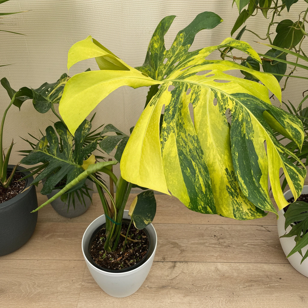 Monstera Deliciosa Aurea Highly Variegated Rare and Exotic in a white pot