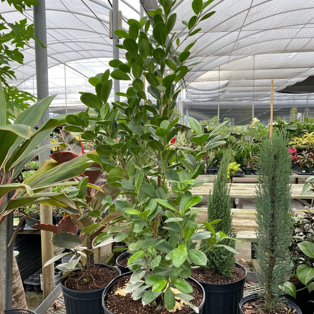 Ficus Moclame Bush, Ficus Microcarpa Daniella in a nursery