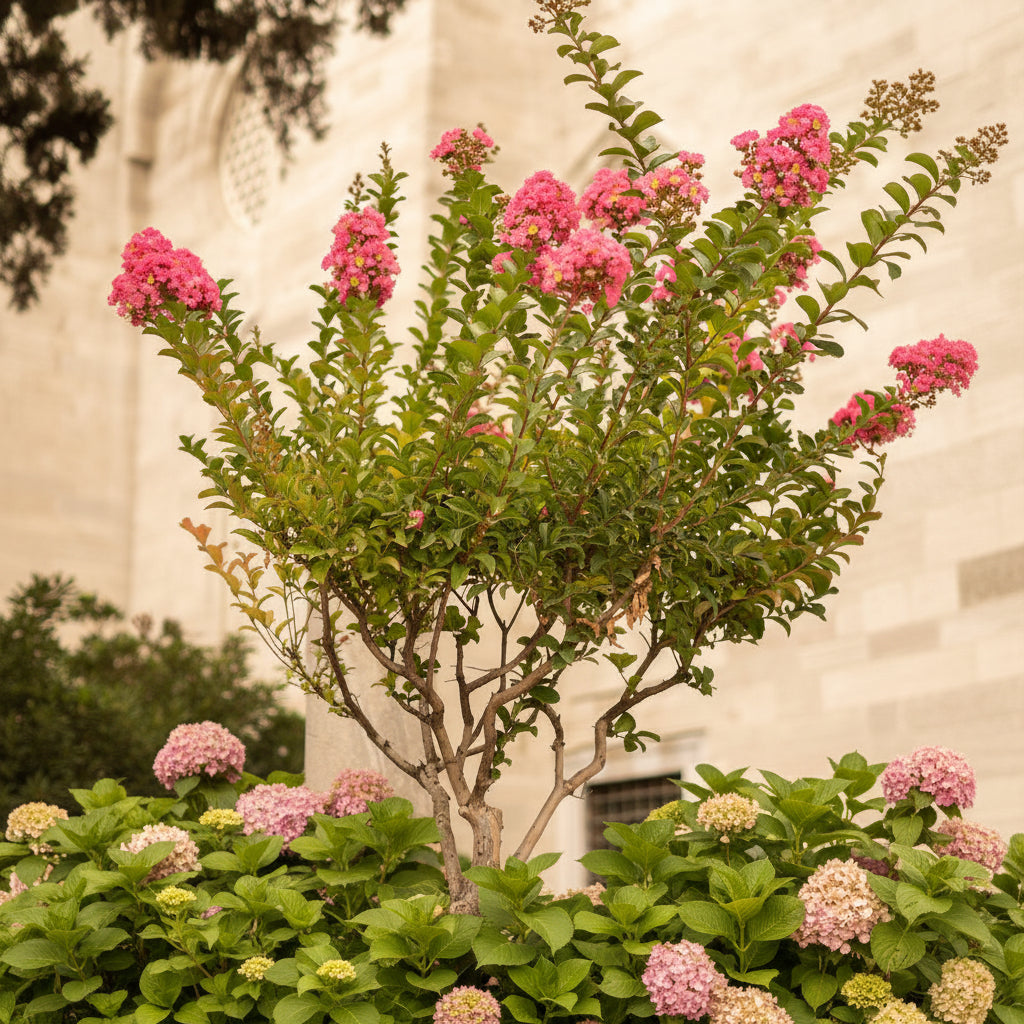 Blooming Red Crape Myrtle tree next to a stone statue.