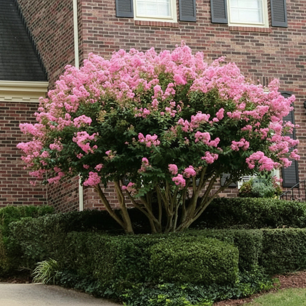 Mature Queen Crape Myrtle Purple, Pride of India, featuring a tall, striking canopy covered in vibrant purple blooms and lush green foliage, growing prominently in a landscaped suburban setting near a brick building, showcasing its fast growth and potential as a stunning summer-blooming focal point or shade tree.