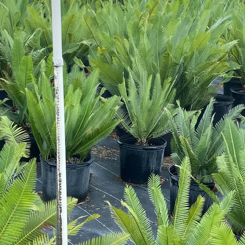 Dioon Edule Mexican Fern Palm in 7 gallon black grower pots with feathery arching green fronds, ideal for patios, indoor spaces, and tropical gardens.