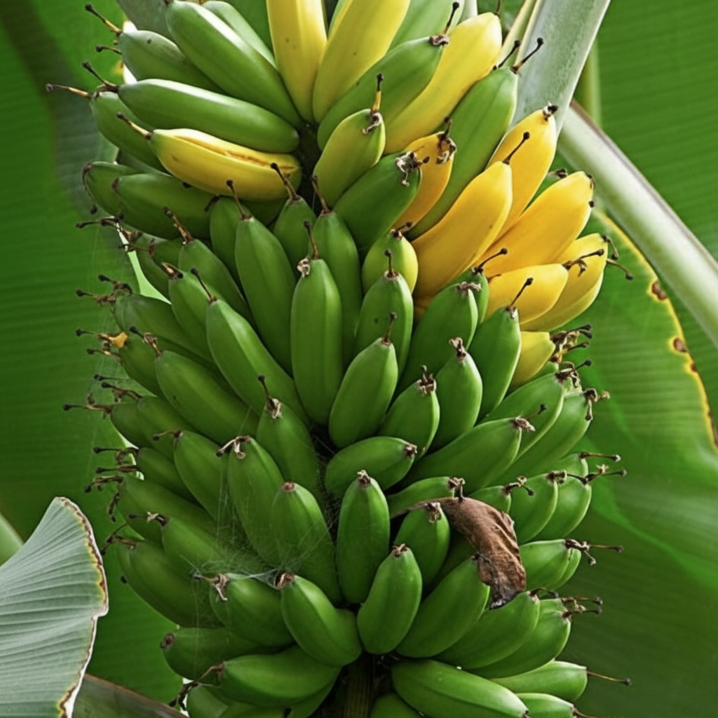 A close-up view of a large bunch of Dwarf Cavendish bananas growing on the plant