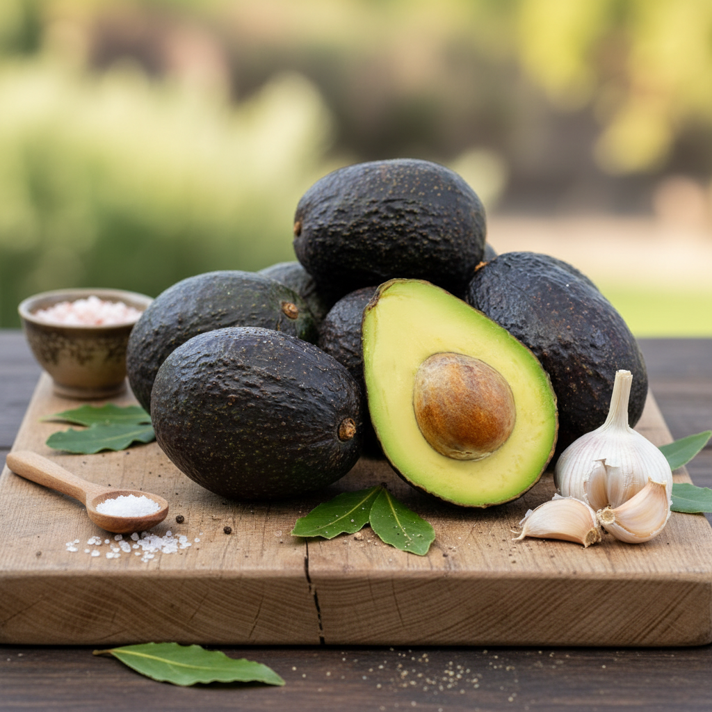 A pile of whole Hass avocados with one cut in half showing the pit.