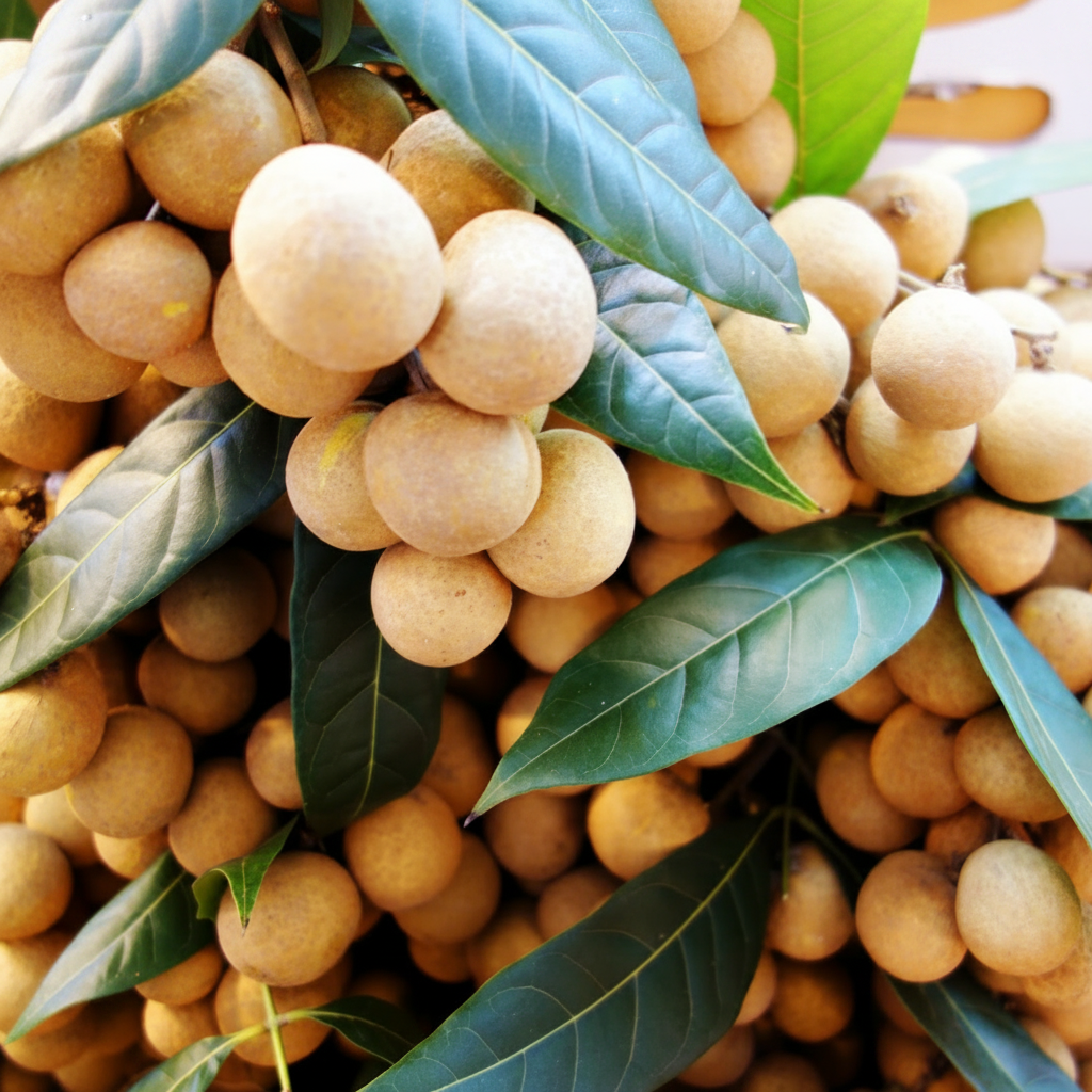 A mature Sri Chompoo Longan tree heavily laden with large clusters of round, tan-colored longan fruits