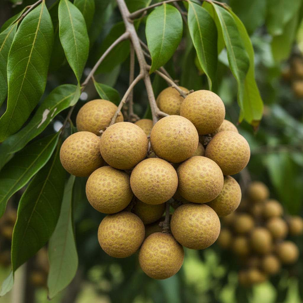A large Sri Chompoo Longan tree full of ripe fruit.