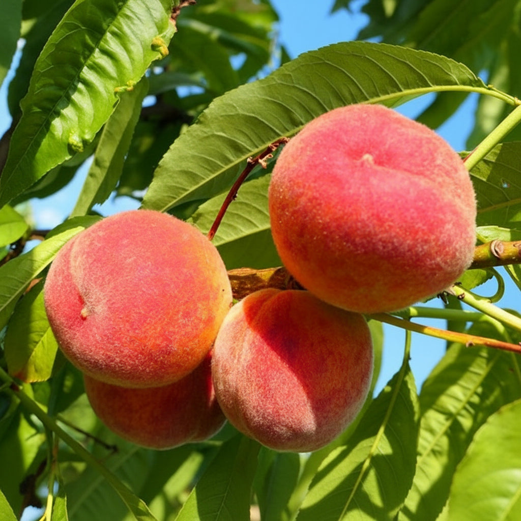 A close-up view of a cluster of three ripe, vibrant red FlordaGrande Peaches growing on a branch