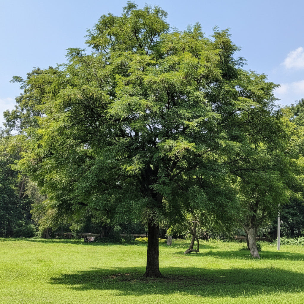 A large, mature Wild Tamarind tree with a broad, umbrella-shaped green canopy