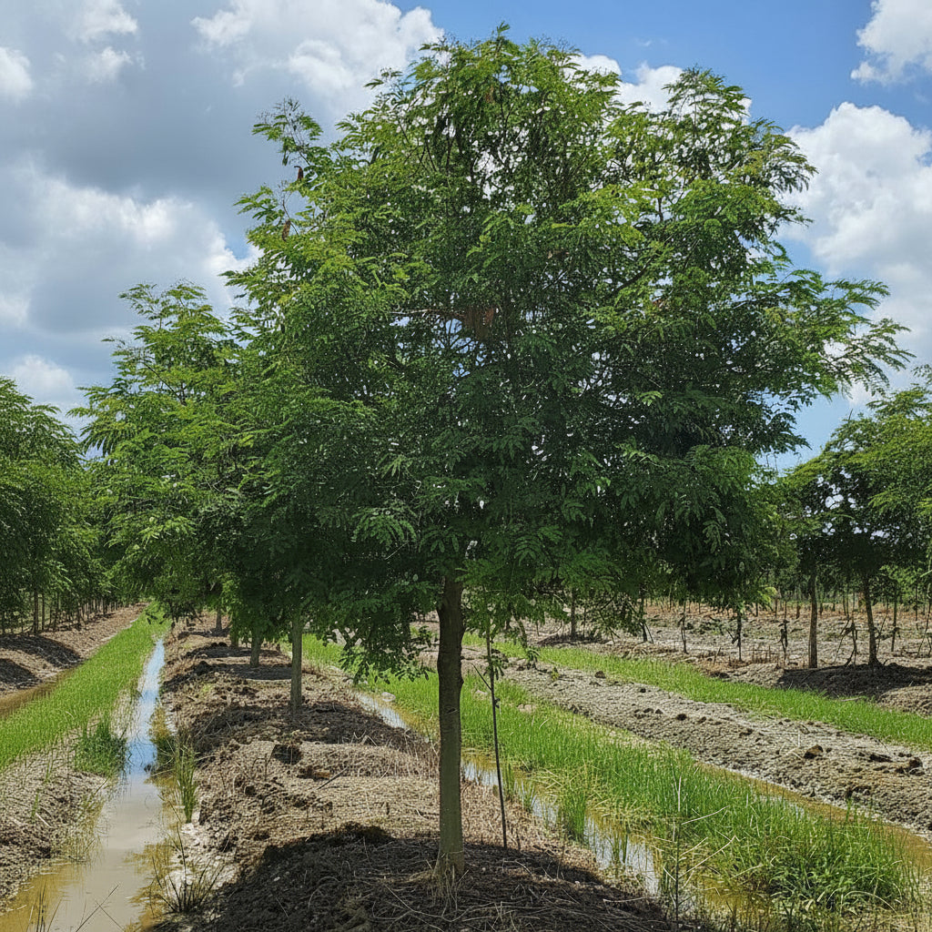 A large, mature Wild Tamarind tree with a broad, umbrella-shaped green canopy