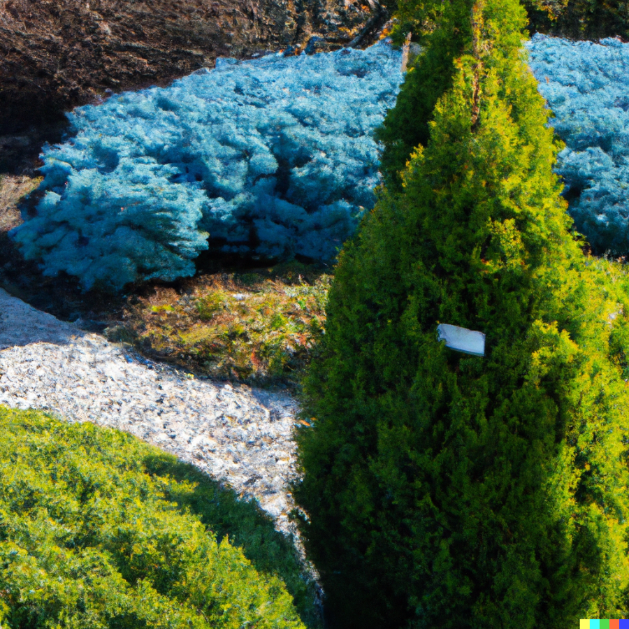 A Yellow Ribbon Arborvitae tree in an outdoor landscape.