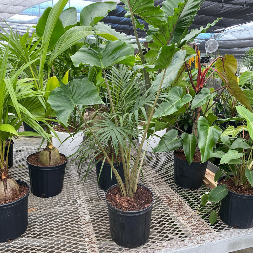 Alocasia Stingray, Elephant Ears Live Indoor Plant in a black plastic 5gal grower pot with distinctive mottled stems and upward-reaching whiptail foliage, ideal for bright indoor spaces and tropical home decor.