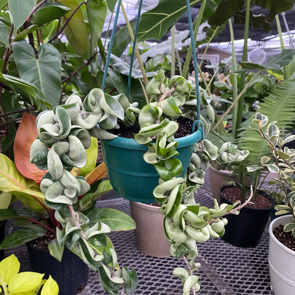 Hoya Carnosa Hindu Rope in Hanging Basket, Krinkle Kurl outside view