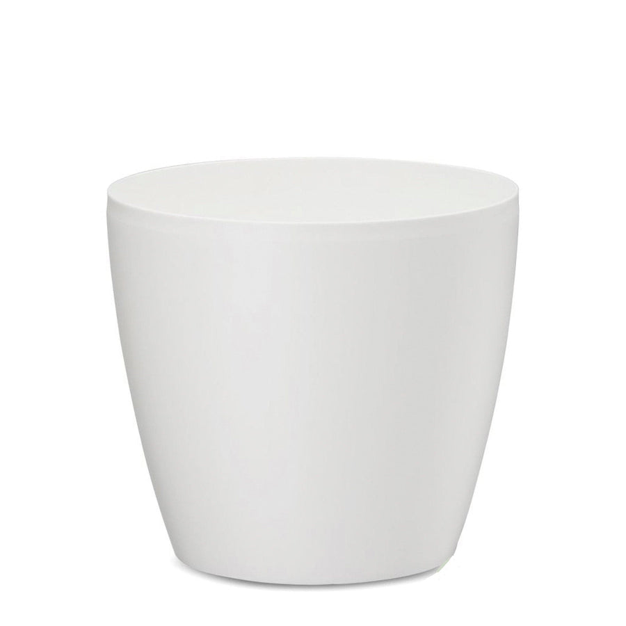 A smooth, empty white planter pot sitting against a solid white background.