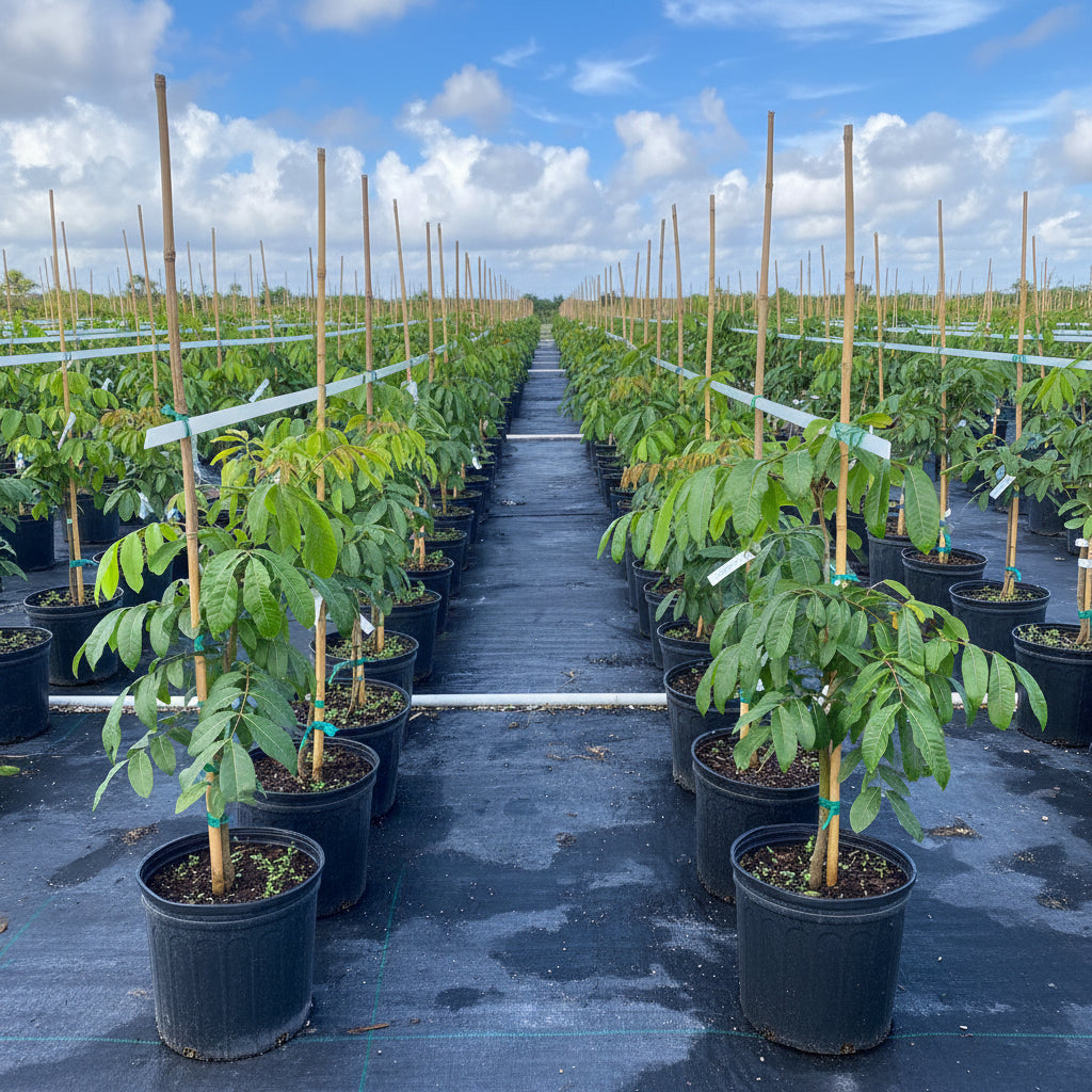 Young Sri Chompoo Longan fruit trees in black nursery pots growing outdoors.