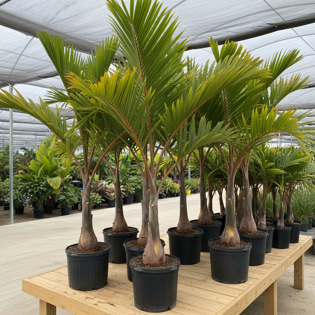 Bottle Palm, Colpothrinax wrightii in 7 gallon black grower pots lined up on a gravel surface within a shade house nursery setting, featuring their unique swollen, bottle-shaped trunks and arching green fronds, ideal for adding a striking tropical silhouette to your landscape or garden.