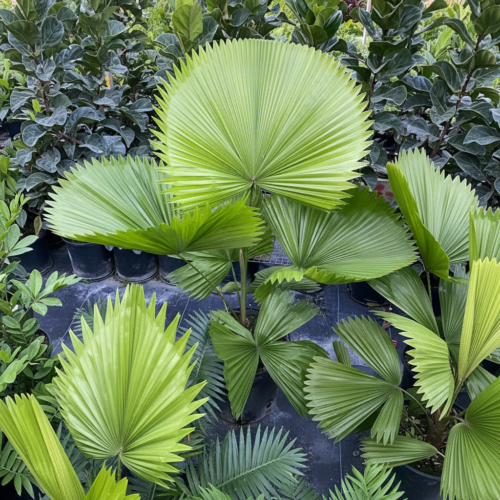 Close-up front view of Licuala Grandis ruffled fan palm showcasing an oversized pleated circular green leaf with nursery background