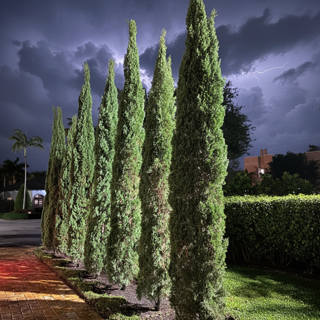 Large Italian Cypress, Mediterranean Cypress Planted to Frame a Driveway Entrance.