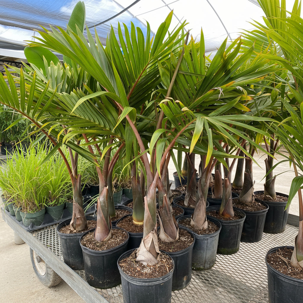 Bottle Palm, Colpothrinax wrightii in 7 gallon black grower pots on a metal nursery cart within a brightly lit greenhouse, featuring their characteristic swollen, bottle-shaped trunks and arching green fronds, ideal for adding a striking tropical silhouette to your landscape or indoor plant collection.