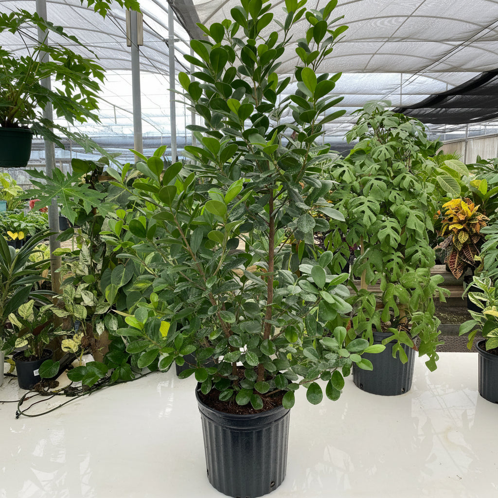 Ficus Moclame Bush, Ficus Microcarpa Daniella in a pot outside