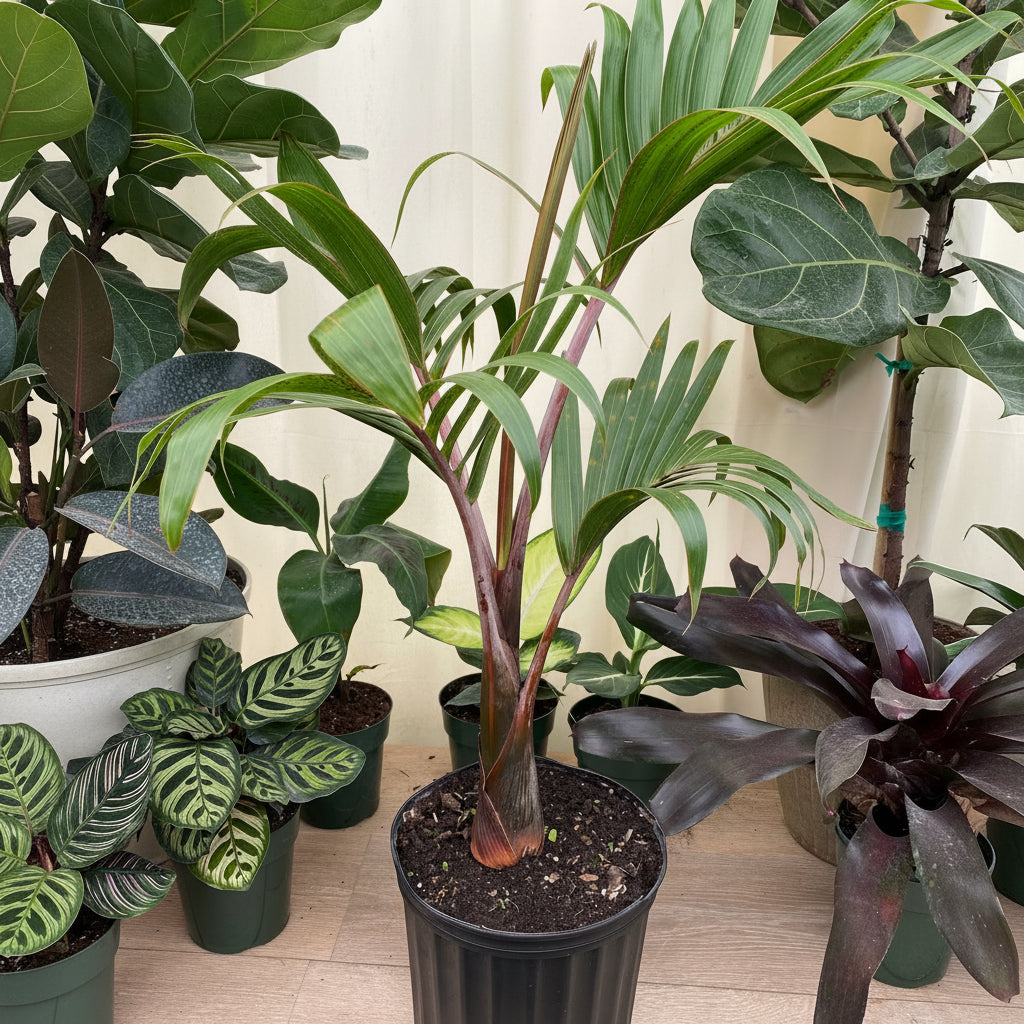 Bottle Palm, Colpothrinax wrightii in a black grower pot on a light wood floor surrounded by an assortment of tropical houseplants, featuring its characteristic reddish swollen base and arching green fronds, ideal for adding a striking tropical silhouette to your indoor plant collection.
