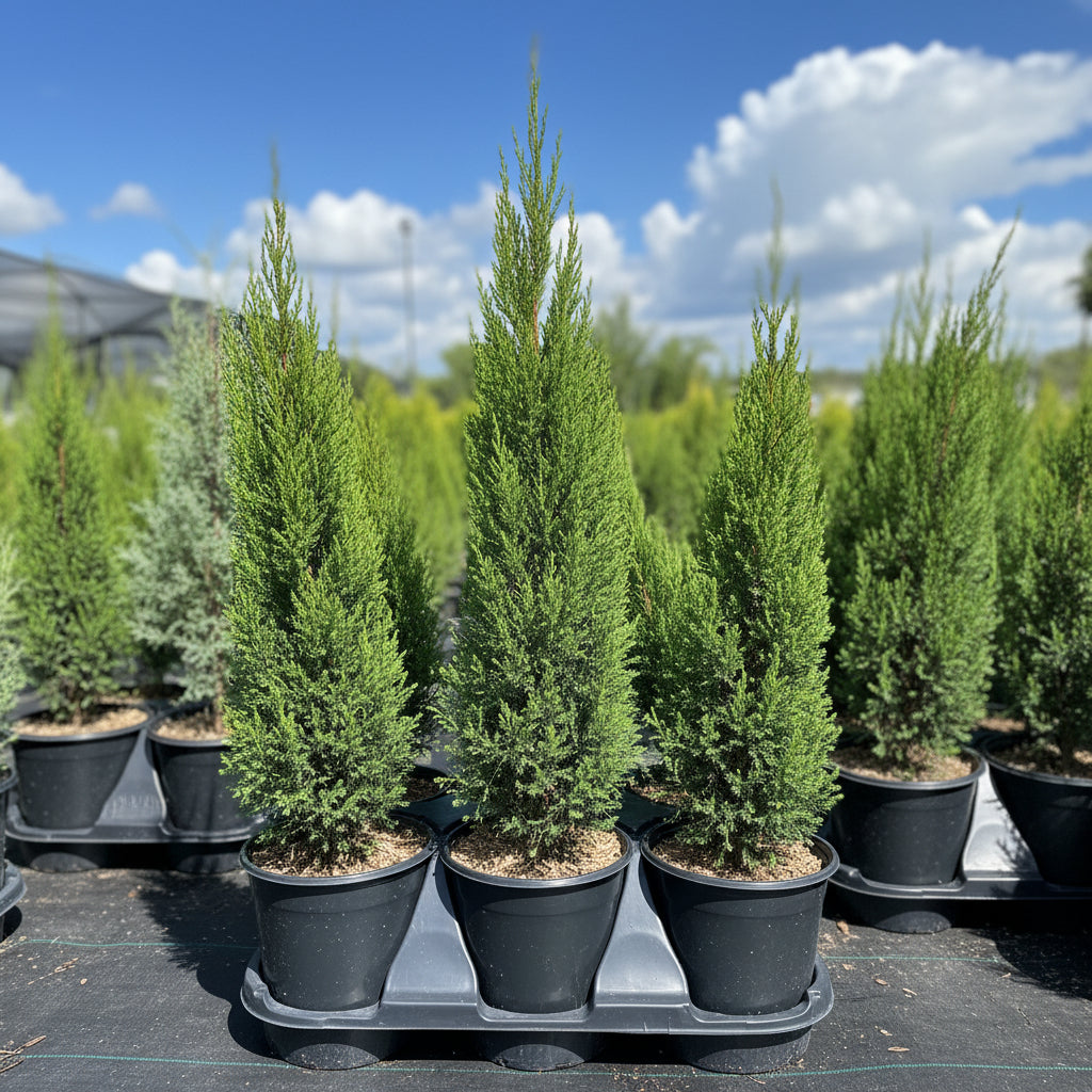 Brodie Red Cedar Tree, Fast Growing Evergreen Group of tall green trees against a clear blue sky