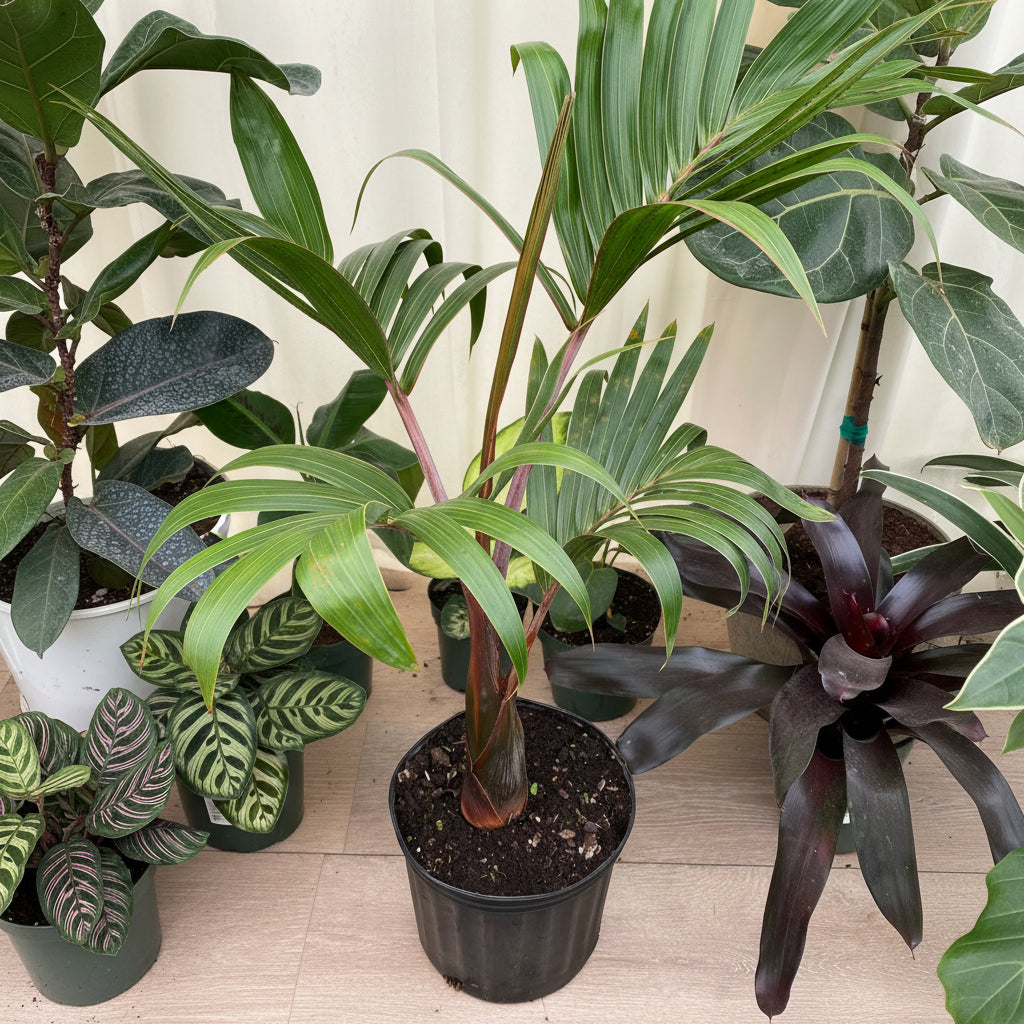 Upper view of Bottle Palm, Hyophorbe lagenicaulis in a 5 gallon black grower pot on a light wooden floor surrounded by an assortment of tropical houseplants, featuring its distinctive reddish swollen base and arching green fronds, ideal for creating a striking tropical focal point in your indoor space or garden.