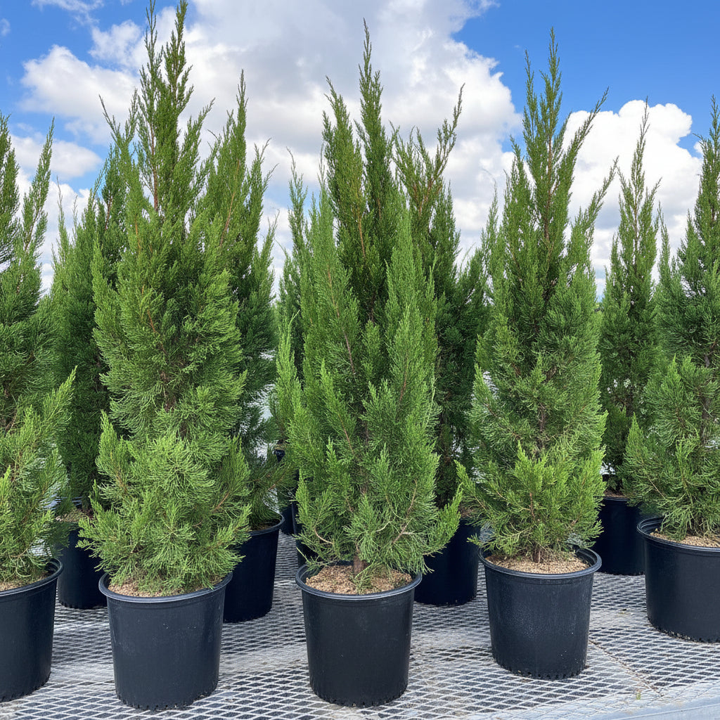 Brodie Red Cedar Tree, Fast Growing Evergreen Group of tall green trees against a clear blue sky