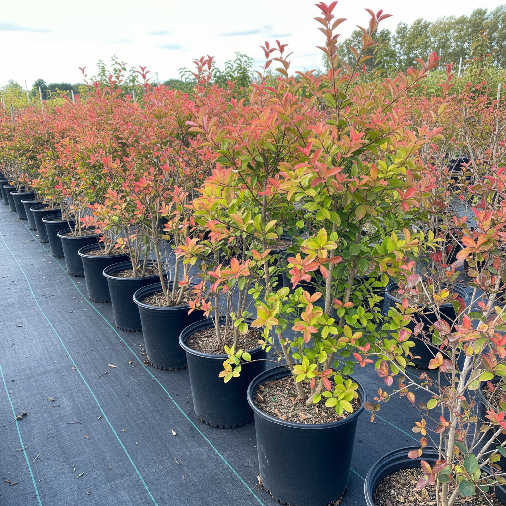 Crape Myrtle Flowering Tree in 5 gallon nursery pot with vibrant coral pink blooms and dense green foliage, ideal for colorful outdoor landscapes and sunny garden spaces.
