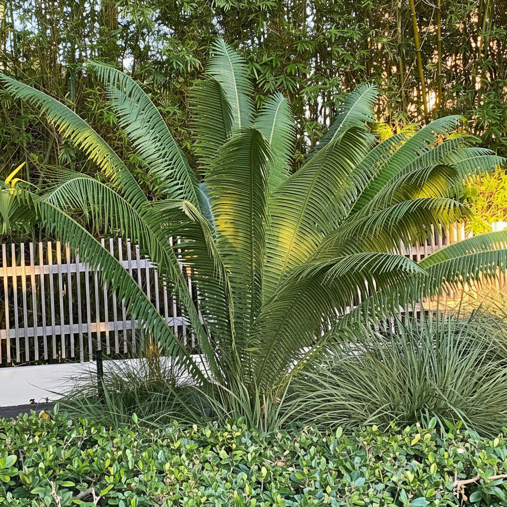 Mature Dioon Spinulosum, Mexican Cycad, Gum Exotic Palm with large feathery arching green fronds, showing full grown landscape appearance ideal for formal landscape vertical accents and tropical gardens.