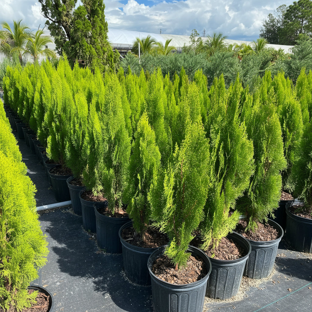 Yellow Ribbon Arborvitae, Thuja occidentalis in 2gal pots in rows