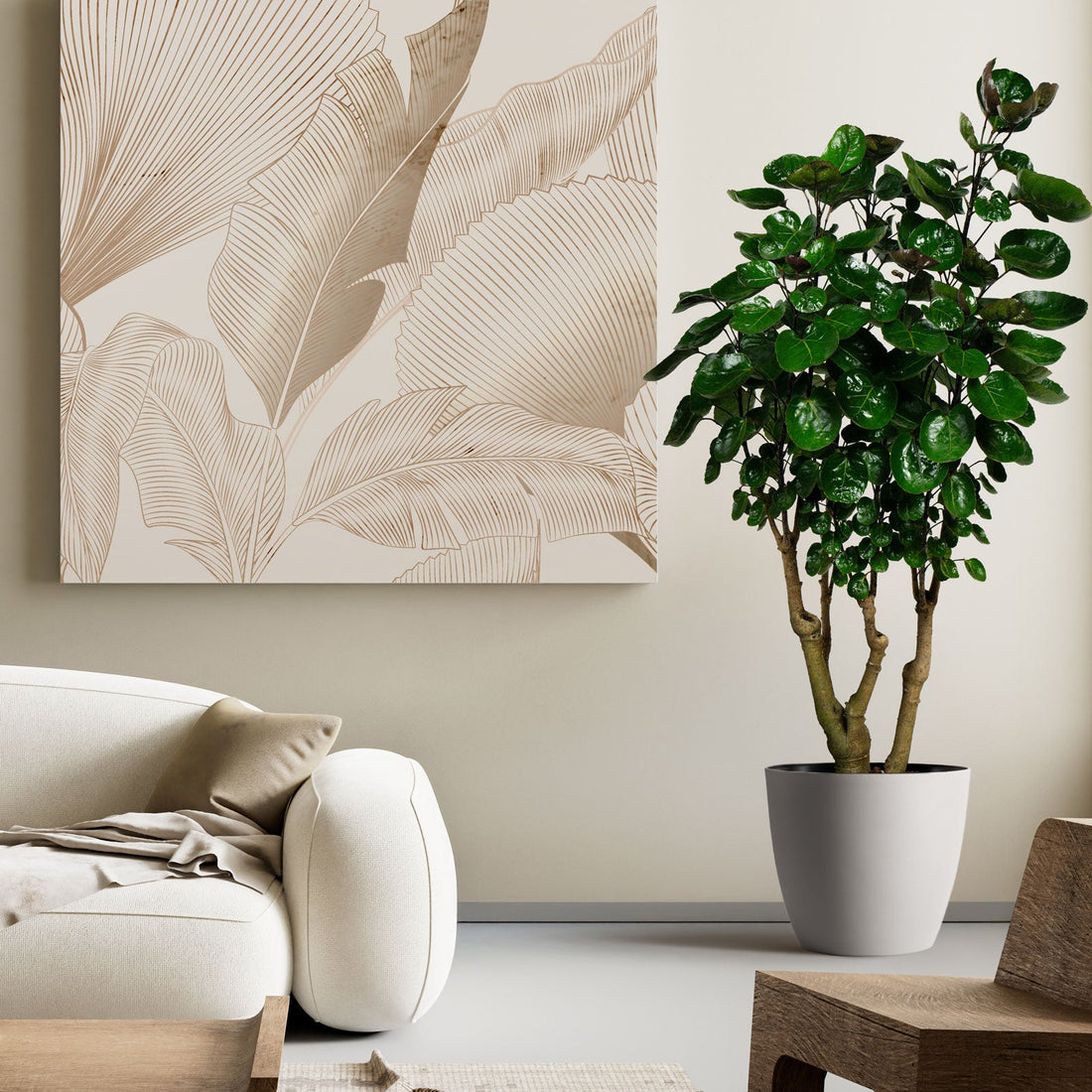 aralia fabian in living room with a wall art of leaf pattern and a potted plant.