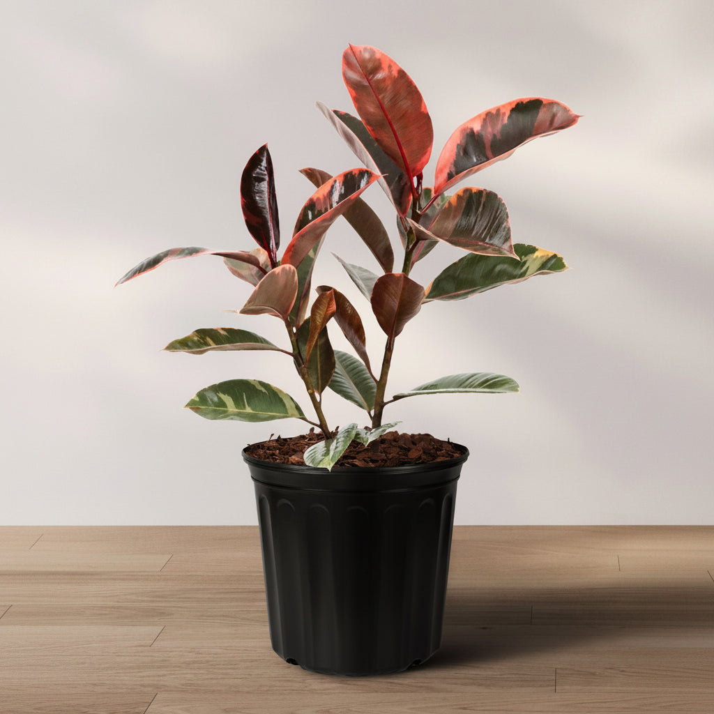 Potted Ficus Ruby Bush Form, with variegated leaves in shades of pink, burgundy, and green, placed against a neutral background.