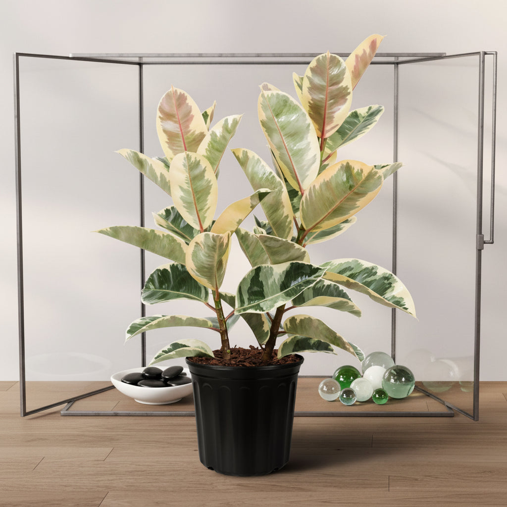Potted Ficus Tineke Variegated Rubber Tree with green, pink, and white leaves on a wooden floor against a white background.