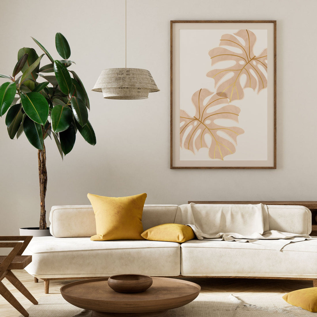 Braided Ficus Tree Form Multi Stem, Rubber Tree Modern living room with a beige sofa