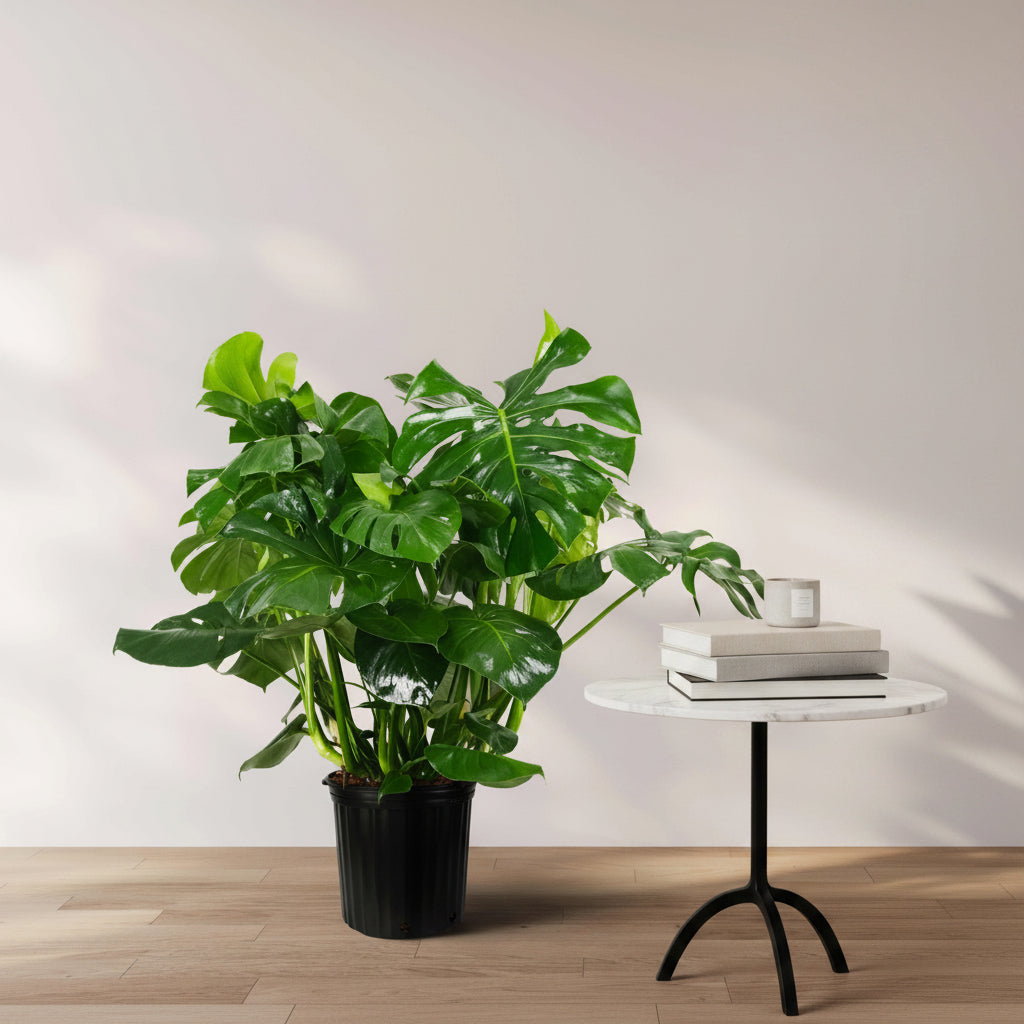 Mature Monstera Deliciosa, Swiss Cheese in a 2-gallon nursery pot for indoor use to amplify a bright living room or modern office space.