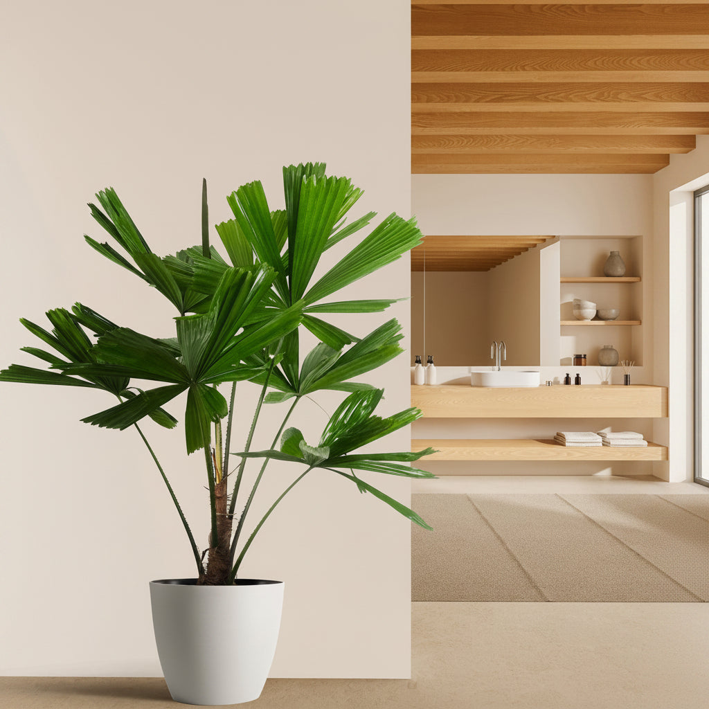 Licuala Ramsayii Palm Tree, Split Leaves in a modern white pot situated on a light neutral floor against a plain white wall and a backdrop of warm wooden architectural accents, featuring its unique dark-green split fan leaves and slender trunk, ideal for creating an elegant and standout tropical statement in your contemporary indoor living space or spa-like retreat.